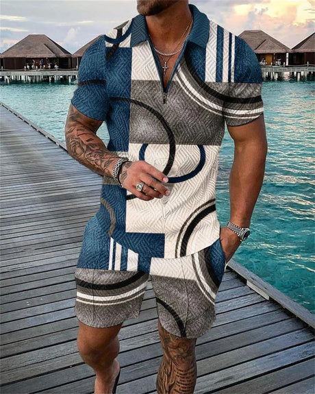 Men's Tracksuit Cotton Solid Color Short Sleeve Zipper Polo Shirt&Shorts Set for Men Casual Streetwear 2-piece Suit 2023 Summer