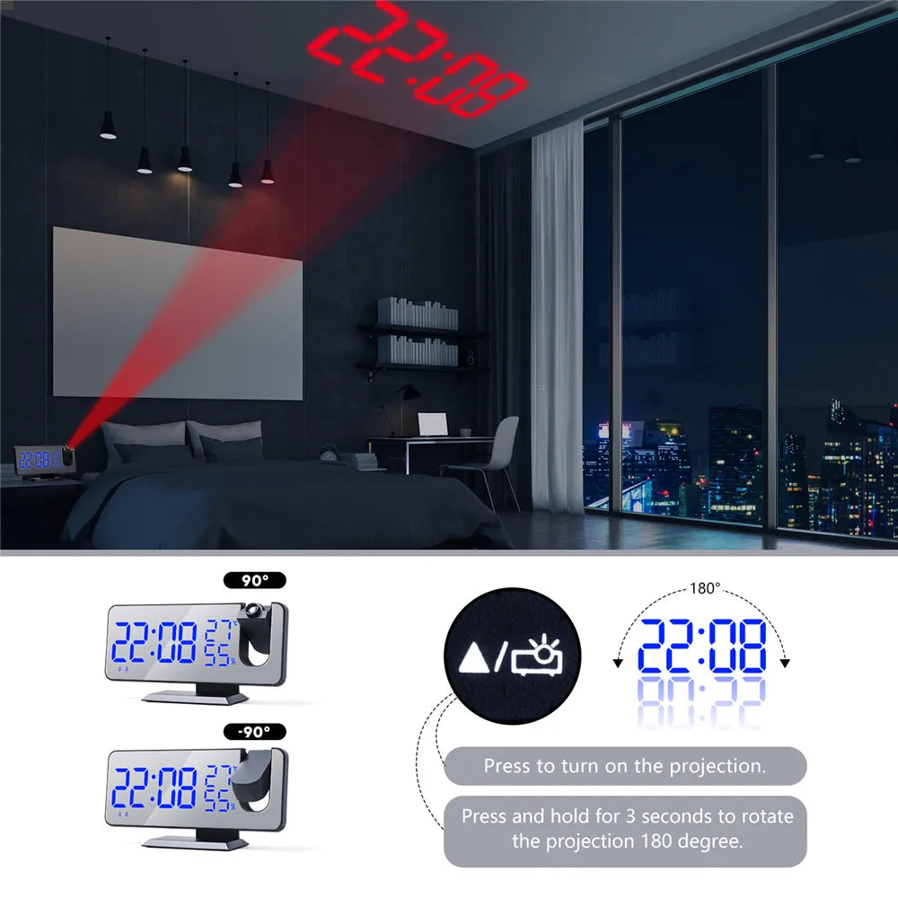 FM Radio Digital Alarm Clock Temp Humidity with 180°  Time Projector Electronic Table Clock 12/24H Snooze Projection LED Clock