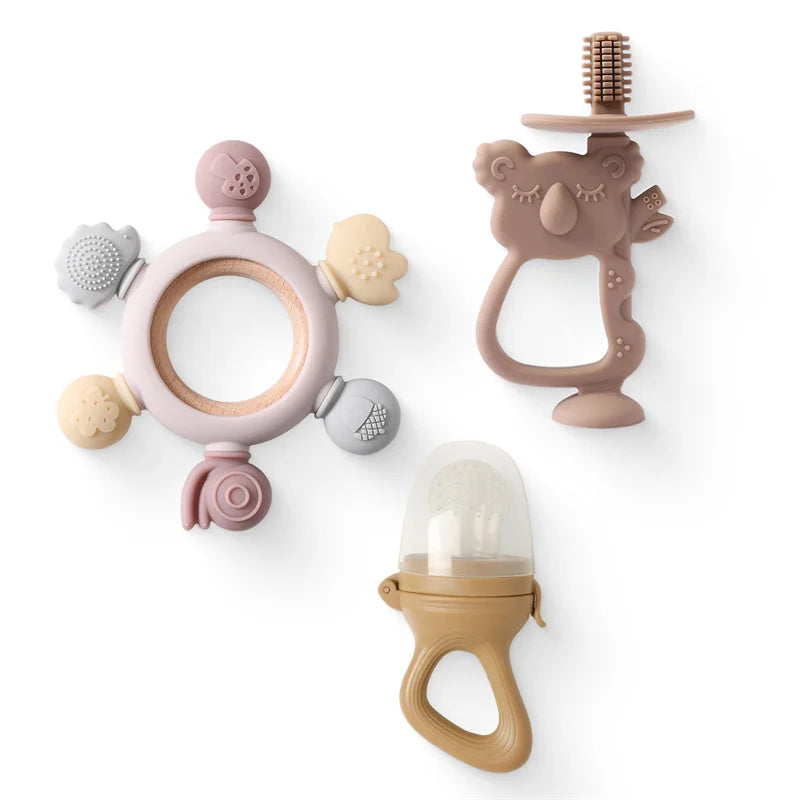 1Set Baby Silicone Koala Training Toothbrush Wooden Ring Silicone BPA Free Toddler Teether Chew Toys Handle Teether Kids Gift