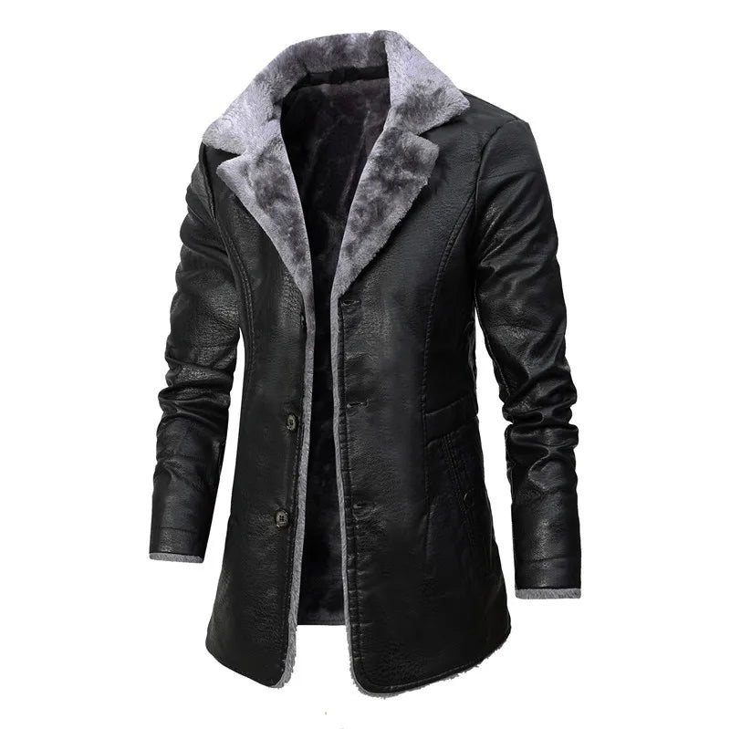 Men Winter Long Thick Fleece PU Leather Jacket Mens Streetwear Casual Business Clothing Porcket Leather Jackets Coat Outwear Men