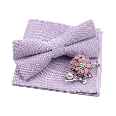 Solid Color Mens Bowtie Brooch Set 100% Cotton Pink Blue Bow Tie Flower Lapel Pin Romantic Wedding Party Suit Shirt Accessories