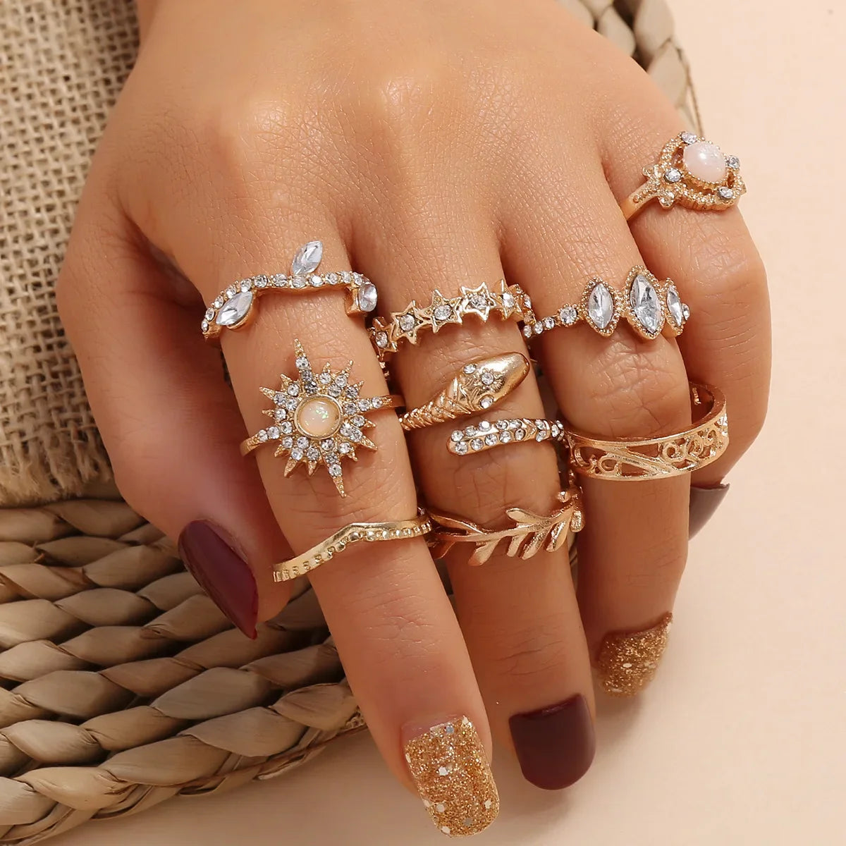 Fashion Green Crystal Knuckle Finger Rings Set For Women  Geometric Female Wedding Ring Trendy Jewelry