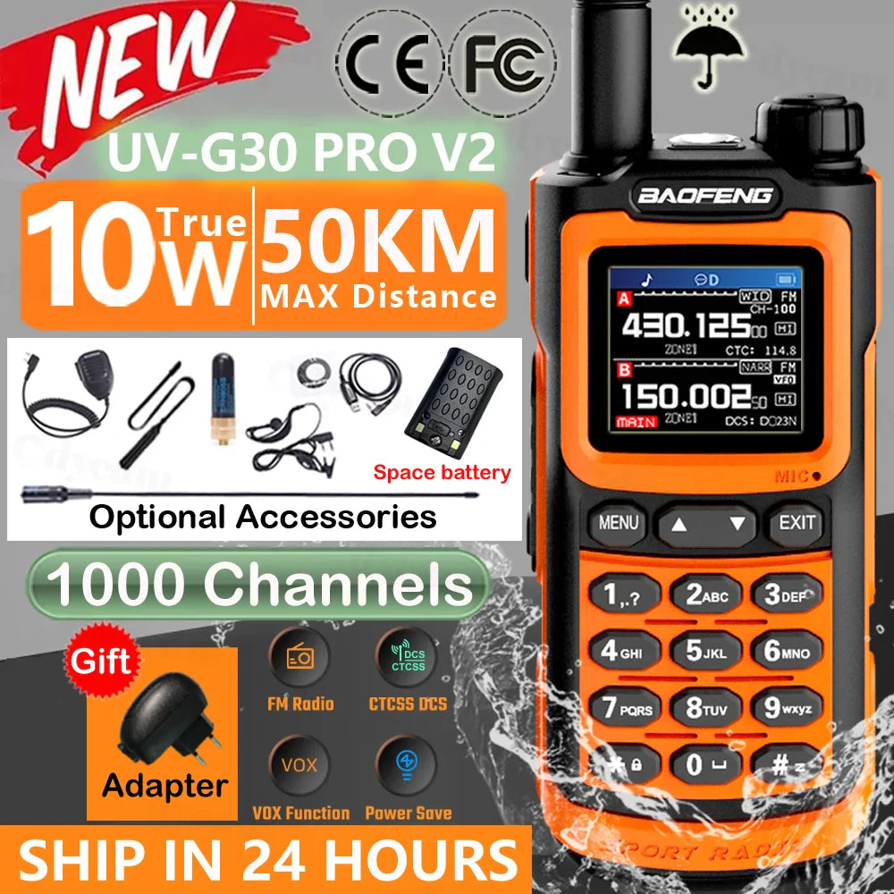 2024 Baofeng UV-G30 Pro Walkie Talkie Long Range Portable 1000 Channel Ham FM Radios UHF VHF USB-C Charge 2-Way Radio Waterproof