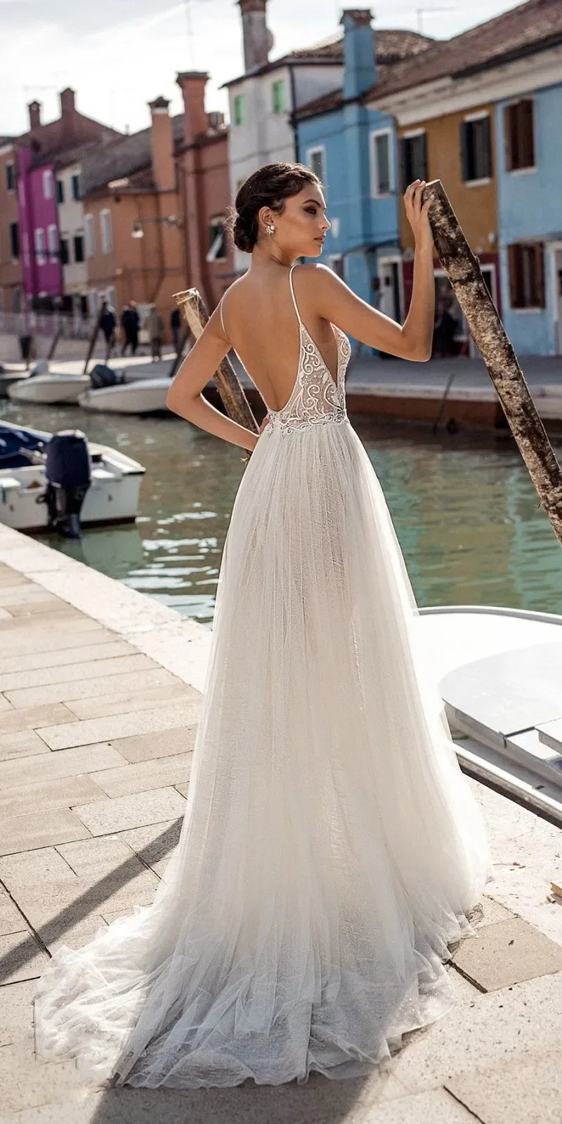 Beach 2023 Wedding Dresses Boho Side Slit Spaghetti Strap Sexy Illusion Boho A-Line Pearls Backless Bohemian Vestido De Noiva