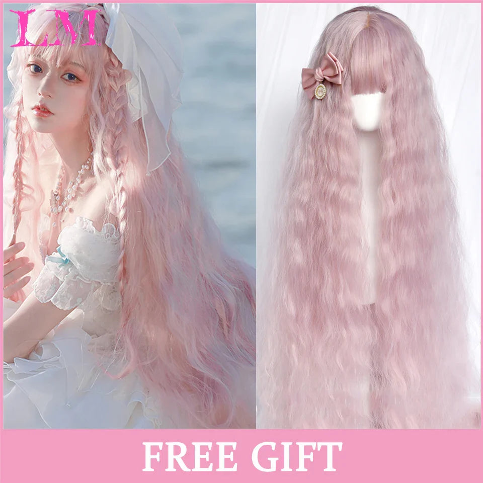 LM Cosplay Wig With Bangs Synthetic Straight Hair 24 Inch Long Heat-Resistant Pink Wig For Women