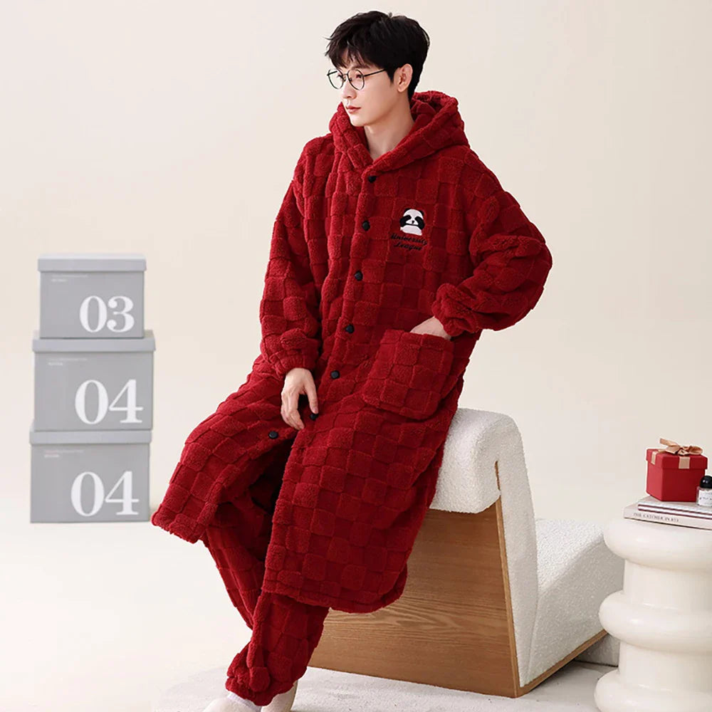 2PCS Hooded Sleepwear Thicken Warm Plush Flannel Robe Set Winter Pajamas for Couples Soft Pajama Man Cartoon Sleeping Bathrobe