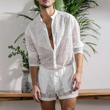 Hollow Out Sexy Lace Suit Fashion Long Sleeve Shirt Casual Shorts Men'S Clothing Suit Solid Color Matching Summer Suit For Male