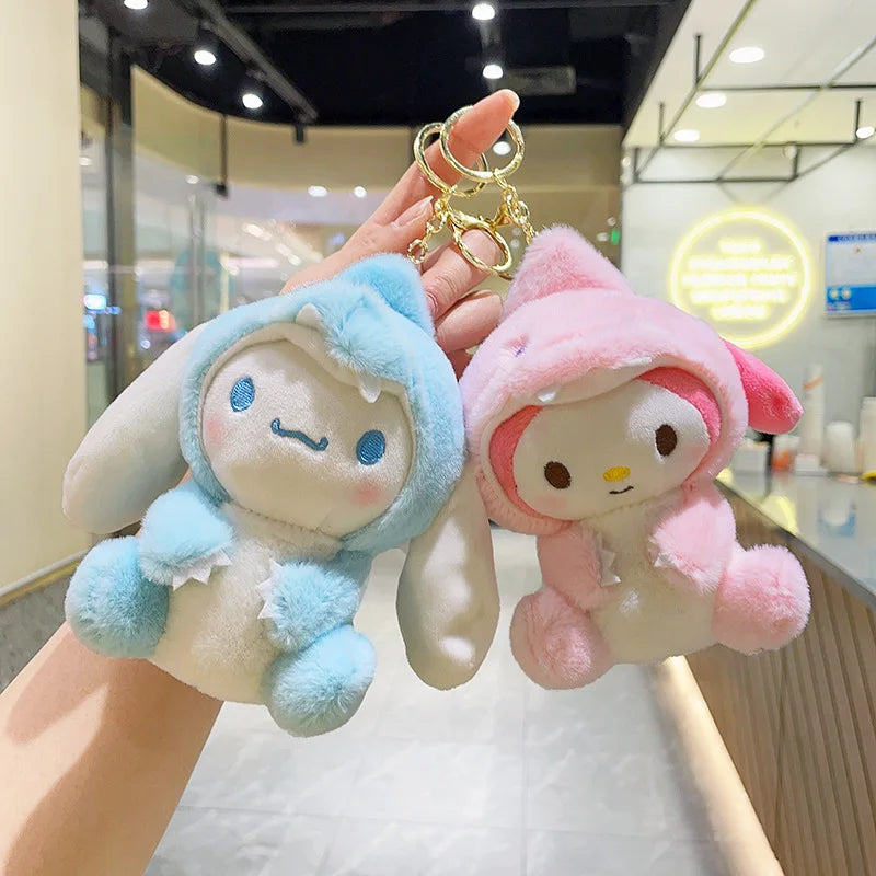 Kawaii Sanrio Plush Keychain Hello Kitty Kuromi Cinnamoroll Melody Plush Toys Doll Dinosaur Series Pendant Decor Kids Toys Gift