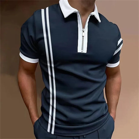 Men's Solid Color Striped Polo Shirt Short Sleeve Golf Turn-down Collar Zipper Polo Shirt&for Men Casual Streetwear Summer Tops