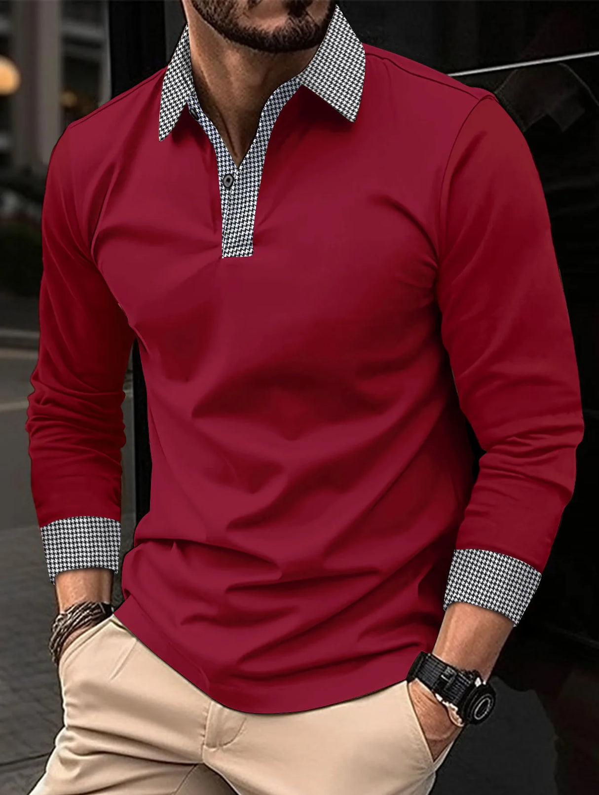 Spring And Autumn New Men's Casual Long sleeved Polo Shirt Fashion Thousand Bird Check Polo Collar Button Breathable Polo Shirt