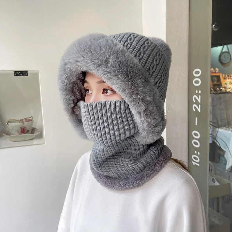 CHRLCK Winter New Twist Striped Knitted Hat Scarf Unisex Velvet One-piece Warm Beanies Women Ear Neck Protection Wool Caps