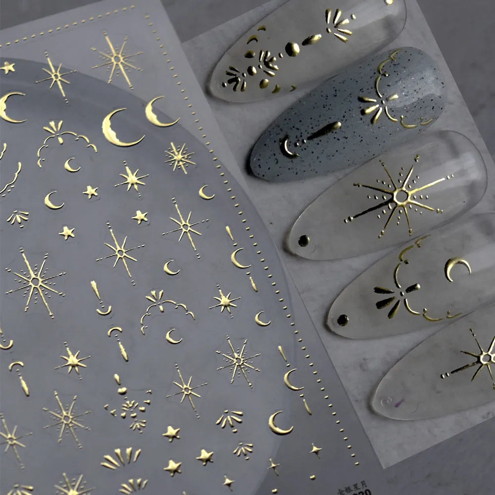 3D Gold Sun/Moon/Star Bronzing Nail Art Sticker 8*10cm Laser Star Moon Design Nail Decal Gold Silver Self-Adhesive Slider &*&