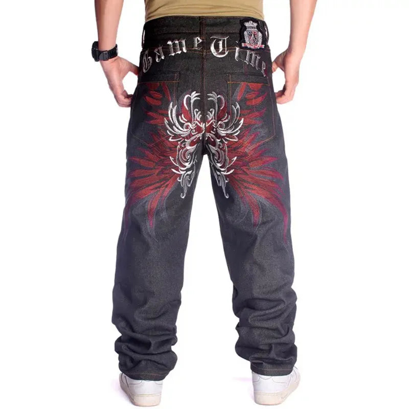 Plus Size Waist 30-46Inch Streetwear Baggy Jeans Men's Designer Clothes Embroidered Flower Wings Trousers Male