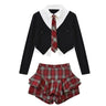 Spicy Girls Uniform Set Women Team Uniform Spring Academic Style Polo Neck Sexy Mini High Waist Plaid Culottes Skirt Red Plaid