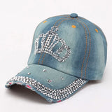 Women Bling Tiara Distressed Denim Baseball Cap Rhinestones Embellished Washed Retro Style Adjustable Hat