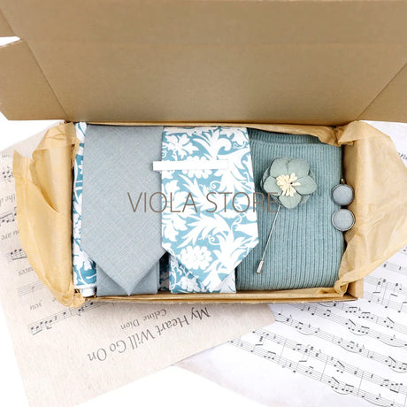 Viola Design 7 PCS Gift Box Cotton Sock Tie Sets Clip Pin Cufflinks Hanky Solid Floral Men Wedding Party Daily Cravat Accessory