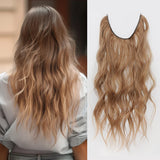 HAIRCUBE Synthetic No Clip Hair Extension Natural Hair Piece For Women Long Wavy Light Brown One Piece Fish Line False Hairpiece