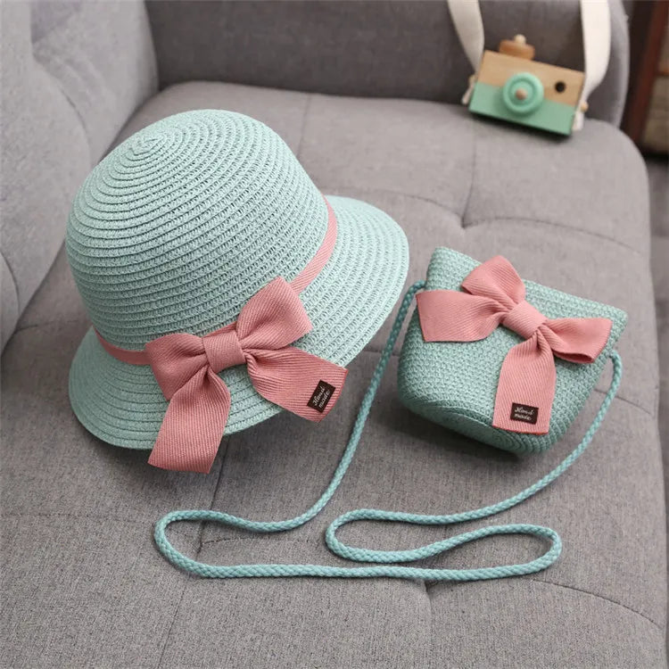 2pcs Set Summer Straw Hat With Bag For Girls Casual Bowknot Sunhat Children Protection Visor Caps Outdoor Beach Bucket Hat