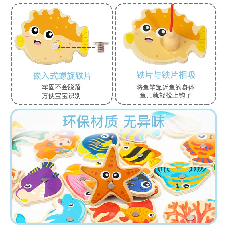 Wooden Magnetic Fishing Toys for Baby Cartoon Marine Life Cognition Fish Games Education Parent-Child Interactive