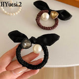 Fashion Seamless Black Hair Ties Rope Simple Pearl Beaded Ponytail Holders Rubber Band With Ribbon For Women Girls