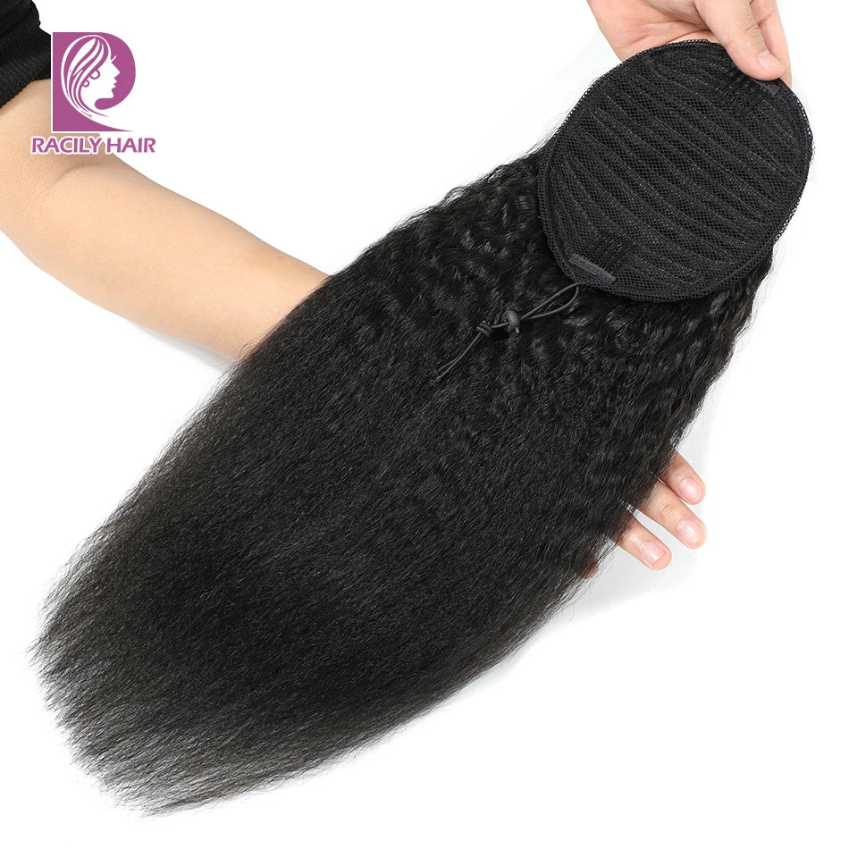 Racily Hair Brazilian Afro Kinky Straight Pony Tail Remy Drawstring Ponytail 100% Human Hair Ponytail Extensions Natural  Hair