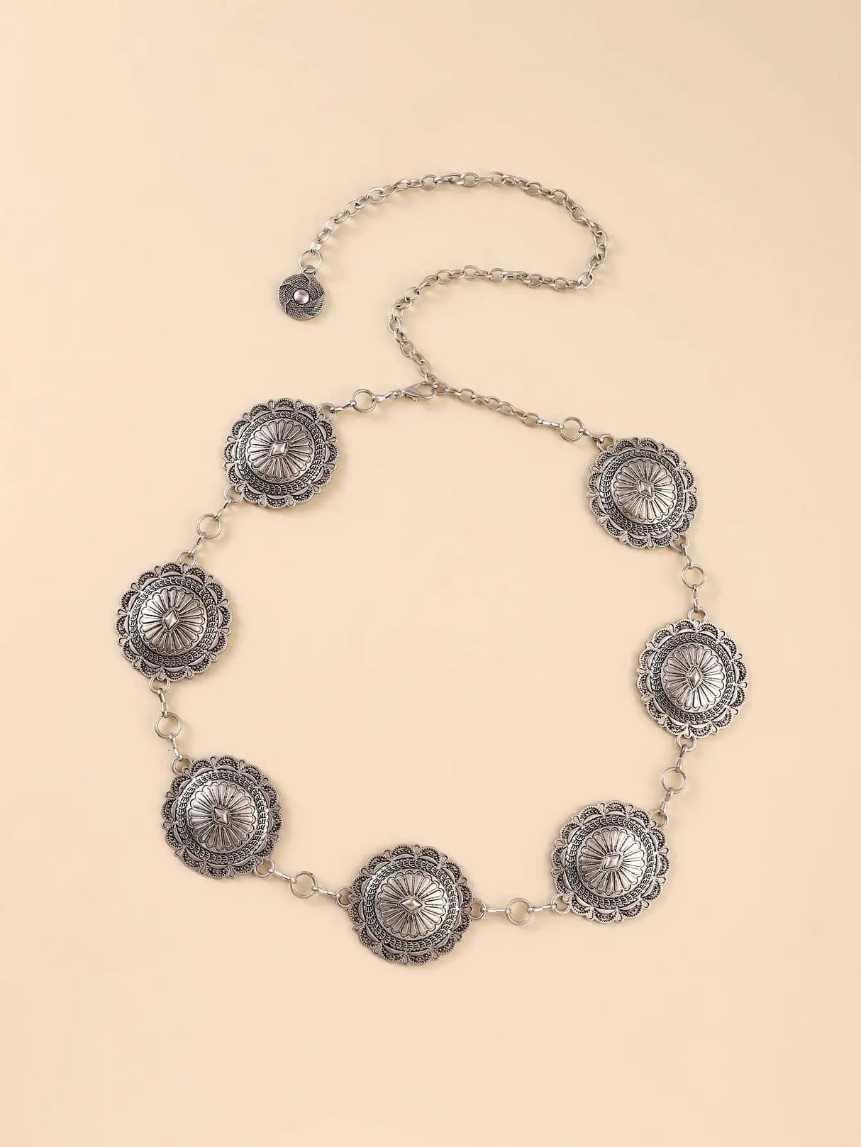 Fashion Antique Silver Alloy Western Floral Circle Conchos Women`s Chain Belt