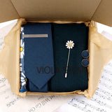 Viola Design 6PCS Gift Box Floral Solid Cotton Sock Tie Sets Clip Pin Cufflinks Hankie Men Wedding Party Daily Cravat Accessory