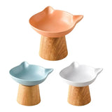 Raised Cat Food Dish Porcelain Feeder Dish With Non-slip Wood Stand Wide Cat Food Bowl Feeding Watering Supplies