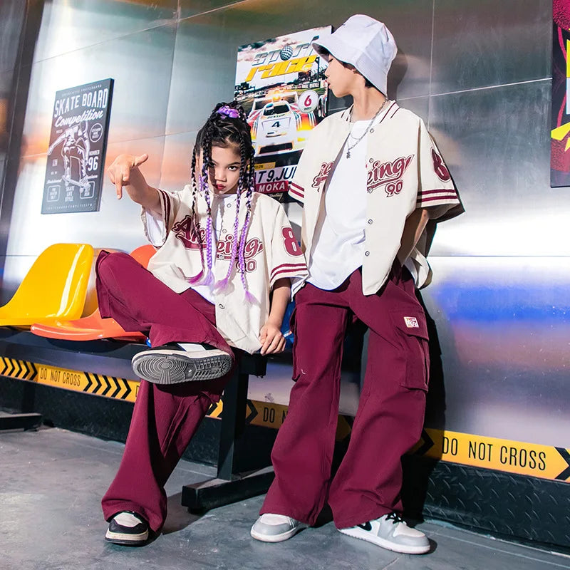 Kids Hip Hop Clothing Girl Letter Print Jacket Baseball Uniform Burgundy Casual Jogger Pant 2pcs Kpop Clothes Performance Outfit