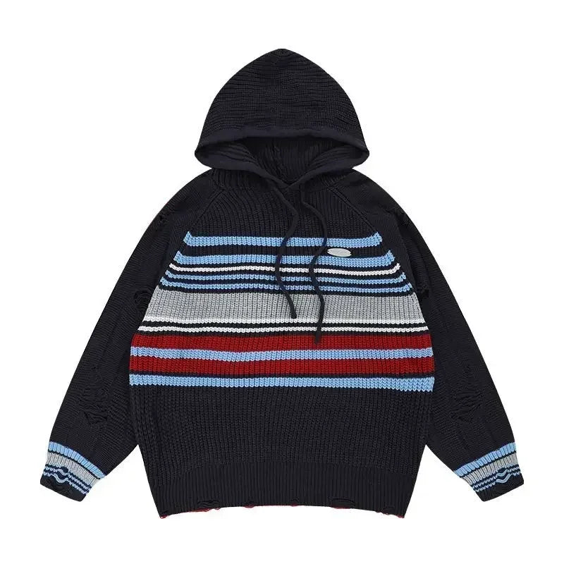 Man Clothes Aesthetic Pullovers Knitted Sweaters for Men Icon Hoodies Torn with Holes Striped Red Sweat-shirt Fashion 2023 Meme