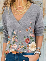 Plus Size Women Long Sleeve V-Neck Flower Print Casual Loose T-Shirt