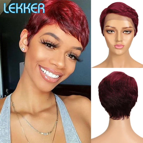 Lekker Short Pixie Bob T Part Lace Human Hair Wig For Women Natural Pre Plucked Glueless Ombre Burgundy Brazilian Remy 613 Wigs