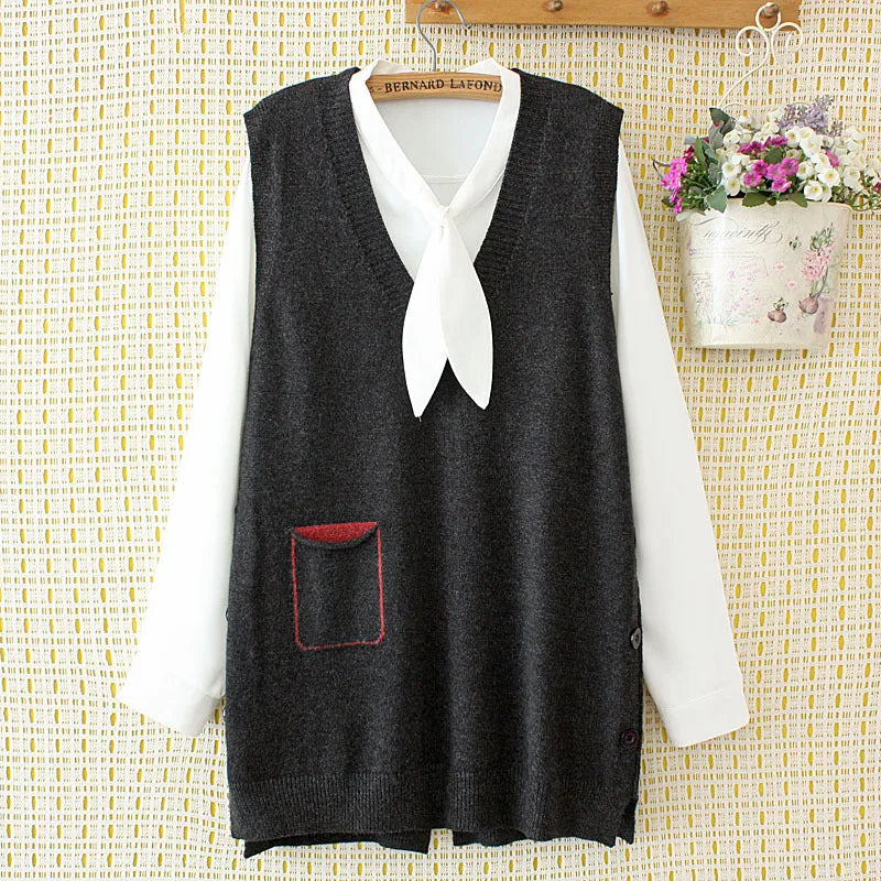 Womens Sweater Vest Plus Size 4xl Loose Solid V-Neck Side Button Slit Pocket Knitting Pullover Curve Sleeveless Jumper E2-0501