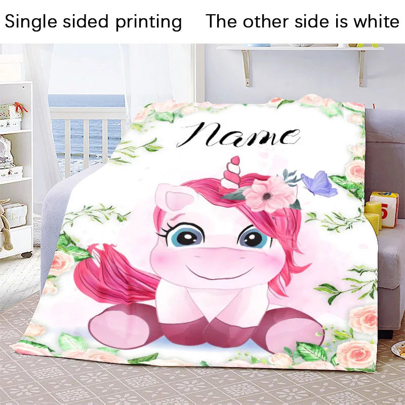 Custom Name Blanket Kawaii Baby Girl Boy Kids Personalized Blankets Cartoon Animal Cute Soft Flannel Throw Blanket Birthday Gift