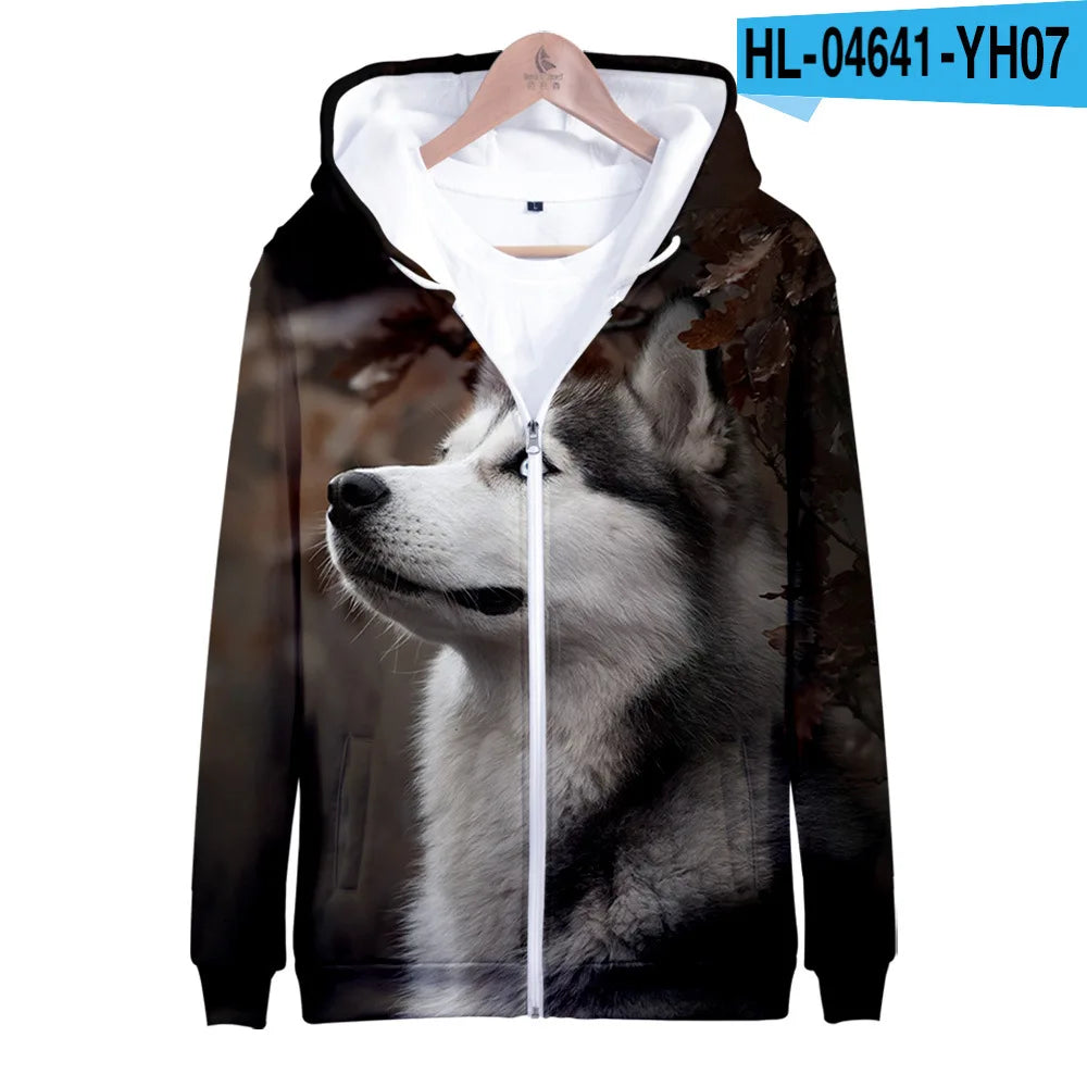 Animal Dog Husky 3D Print Zip Up Hoodie Women Men Harajuku Sweatshirt Streetwear Hip Hop Zipper Hooded Jacket Male Tracksuit