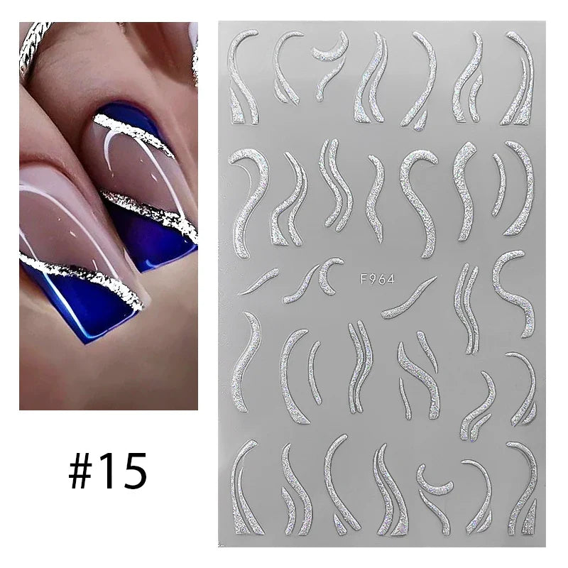 3D Silver Frame Nail Sticker Silver Bronzing Stripe Lines Sliders For Nails Tribal Pattern Decals Marble Blooming Nail Tattoos