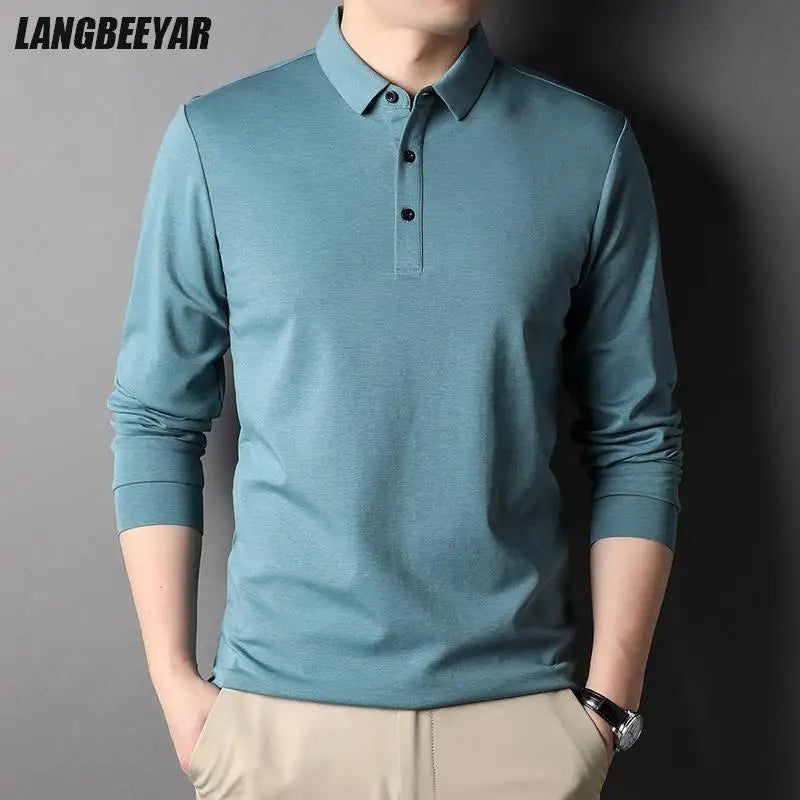 Top Grade Mulberry Silk 5.2% New Fashion Polo Men Designer Brand Plain Casual No Logo Long Sleeve Tops Mens Clothes 2023