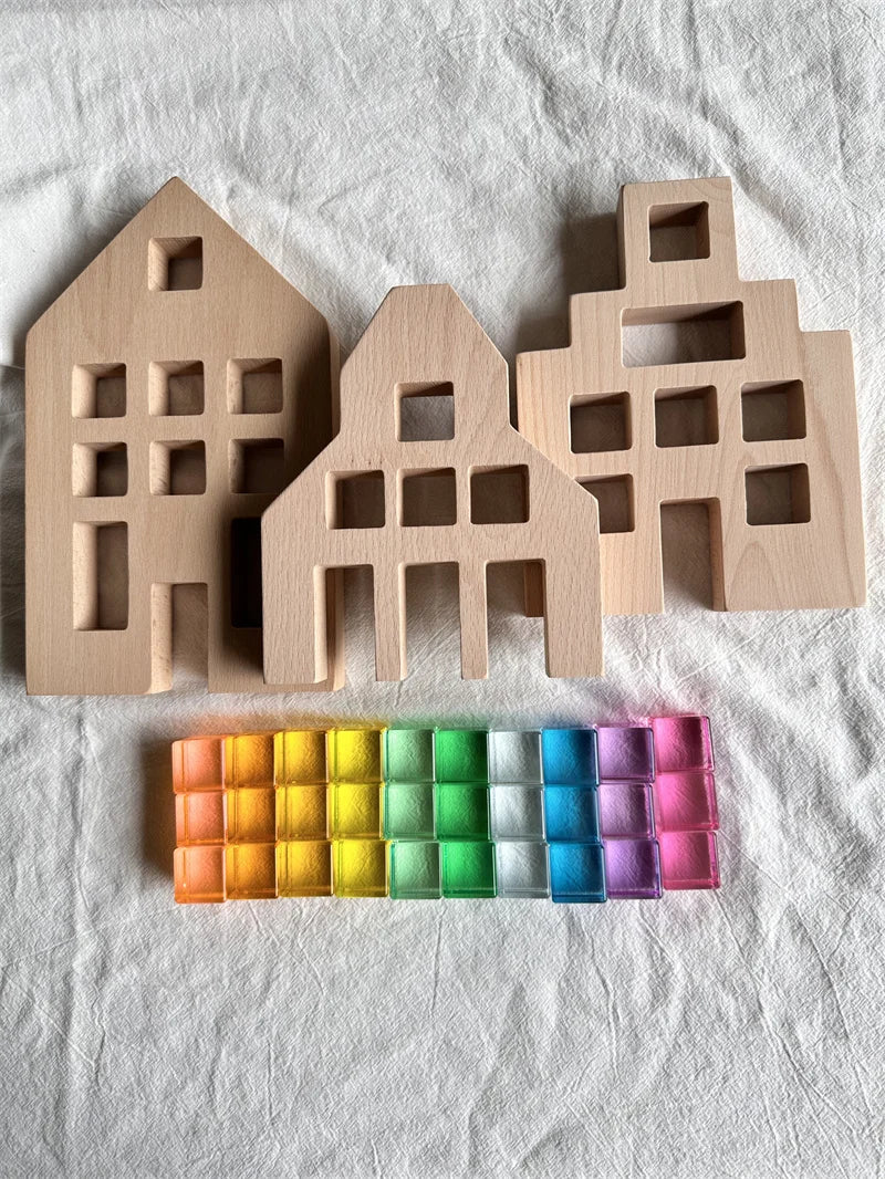 Kids Montessori Wooden Toys Large Dutch Wood House Big Wall Lucite Cube Creative Education Blocks Birthday Gift