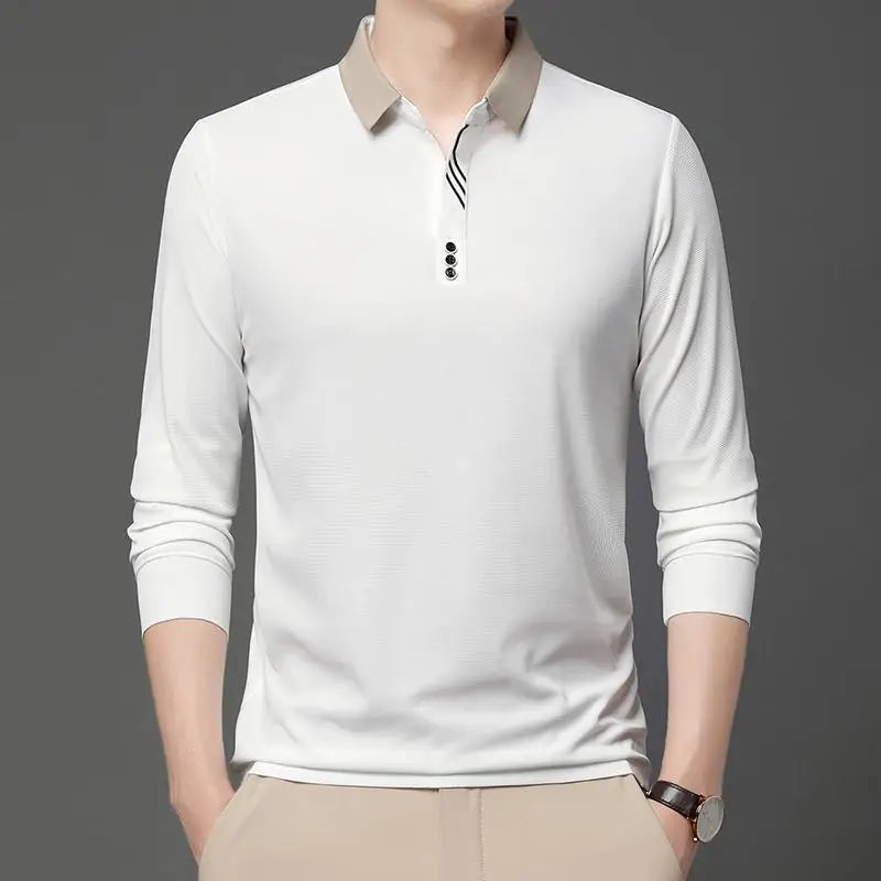 Men's Long Sleeve Polo Shirts Autumn Spring Smart Casual Male Clothes Korean Navy Plain Tee Shirts Regular Fit Man Polo Top