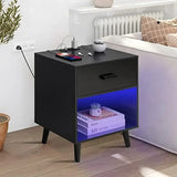 Nightstands Set of 2 with Charging Station and LED Lights, End Side Table with 1 Drawer, Modern Nightstand, Black