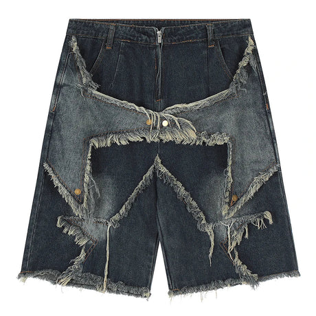 Vintage Tassel Star Denim Shorts Splicing Loose Jeans Shorts 2023 Men Hip Hop Streetwear Harajuku Y2K Shorts Summer