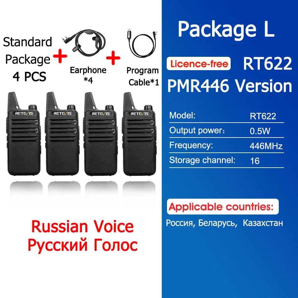 Retevis RT622 Mini Walkie Talkie 4 Pcs Walkie-talkies PMR446 FRS VOX Portable Two Way Radio Station for Restaurant Hotel