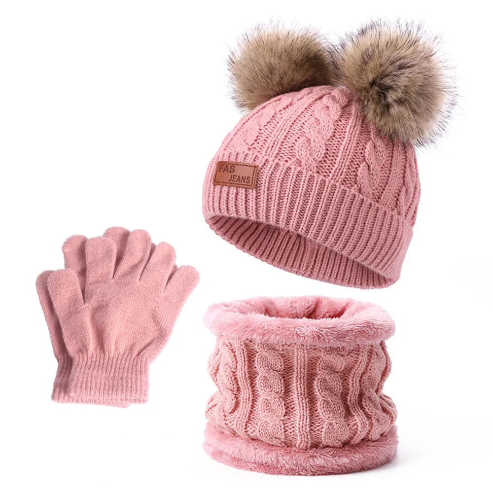 Baby Warm Winter Hats Scarf Gloves 3pcs Set Kids Toddler Bonnet Cute Pompom Knitted Hats Outdoor Warm Infant Accessories 1-5Y