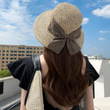 Bow Decor Straw Sun Hat Wide Brim Foldable Beach Hats Summer UV Protection Sunshade Hats Suitable for Travel Holiday Women