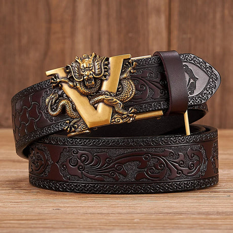 3.5CM V Buckle Cowskin Genuine Leather Belt Quality Alloy Automatic Buckle Print Wasitbad Strap Gift Bussiness Male Belt Men