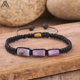 Natural Black Tourmaline Nugget Beads Cord Knotted Braid Bracelet Adjustable Women Black Lava Stone Woven Bracelet