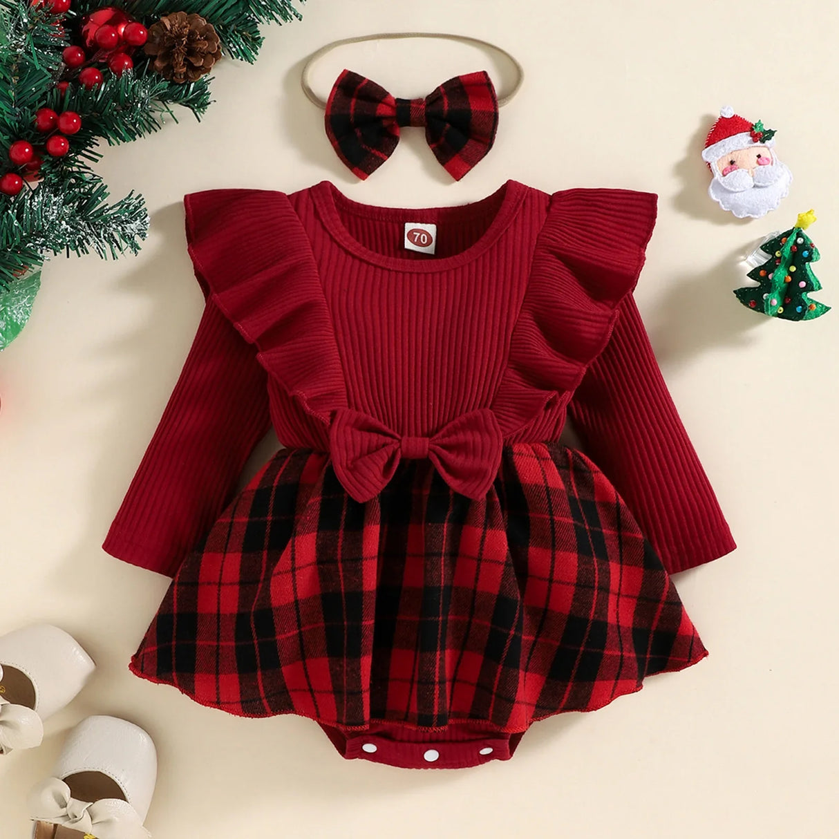 Ma&Baby 0-24M Christmas Girl Red Romper Newborn Infant Baby Knit Ruffle Long Sleeve Bow Jumpsuit Plaid Print Xmas Costumes D01