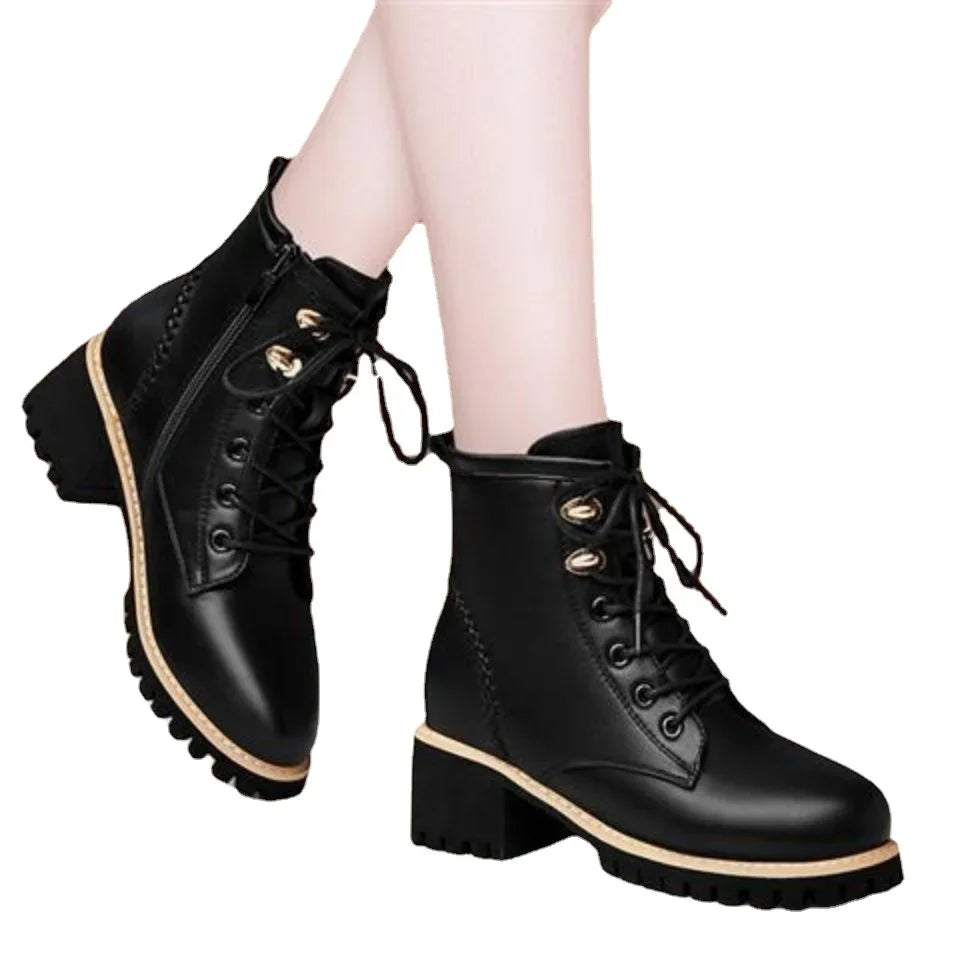 Women Shoes Boots Ankle 2022 New Autumn British Wind Genuine Leather Thick With Fur Ladies Short Boots Motorcycle heels boots