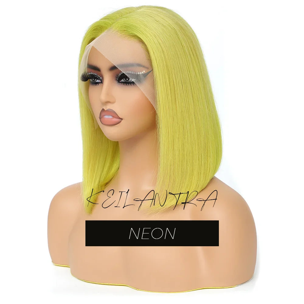 Lime Green Bob Lace Front Wigs Human Hair Wigs Glueless Short Bob Wigs Straight 13X4 Colored Lace Frontal Wigs Rose Neon