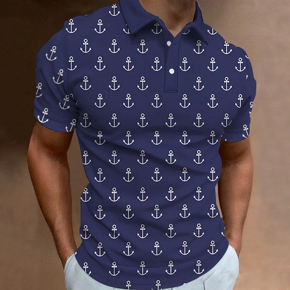 Fashion Men's Polo Shirt Short Sleeve Anchor Pattern T-Shirt 3D Icon Printed Polo Shirts Tops High Quality Tees Men Clothing 6XL